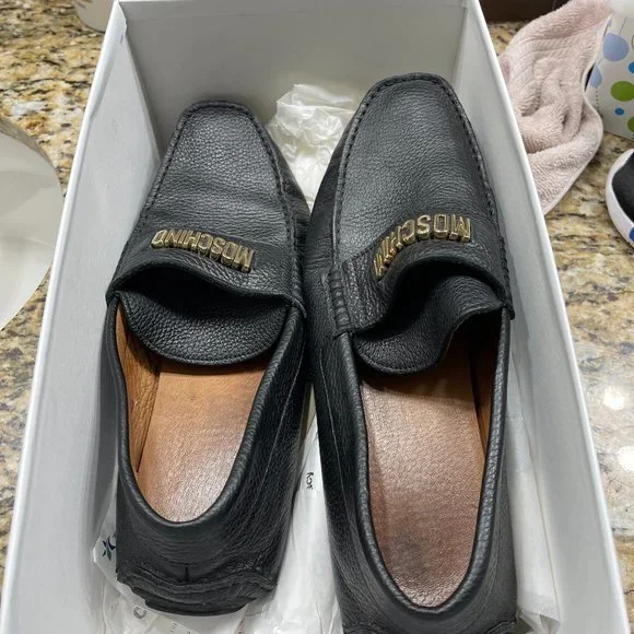 Fairly used Moschino Black Loafers $699.00 MOSCHINO MEN LUXURY BLACK SILVER LOGO LEATHER LOAFER  main image 4